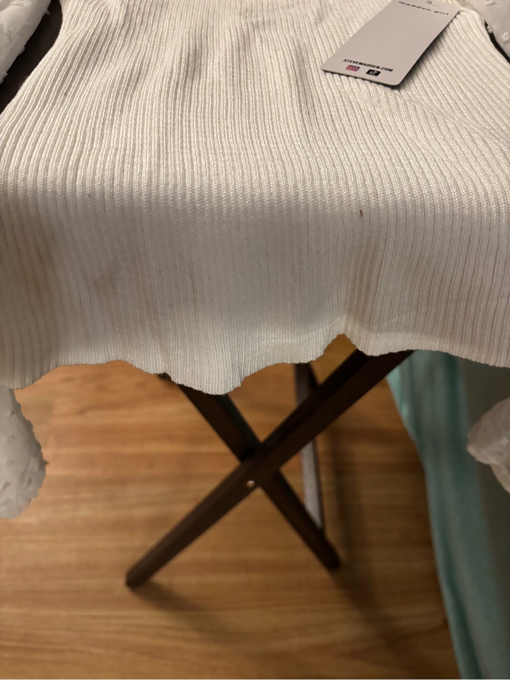 Madden Girl White Textured Ribbed Top with Dot-Pattern Sleeves - Picture 6 of 8
